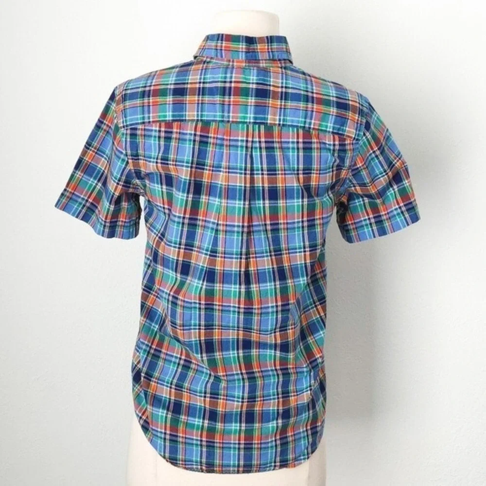 Ralph Lauren Blue Green Orange Plaid Short Sleeve Button Down Shirt- Child Boy M